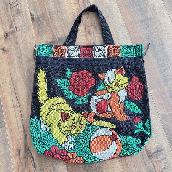 Vintage 70s Beaded Neon Cat Kitten Shoulder Bag Purse Satchel Retro Drawstring - Picture 2 of 11